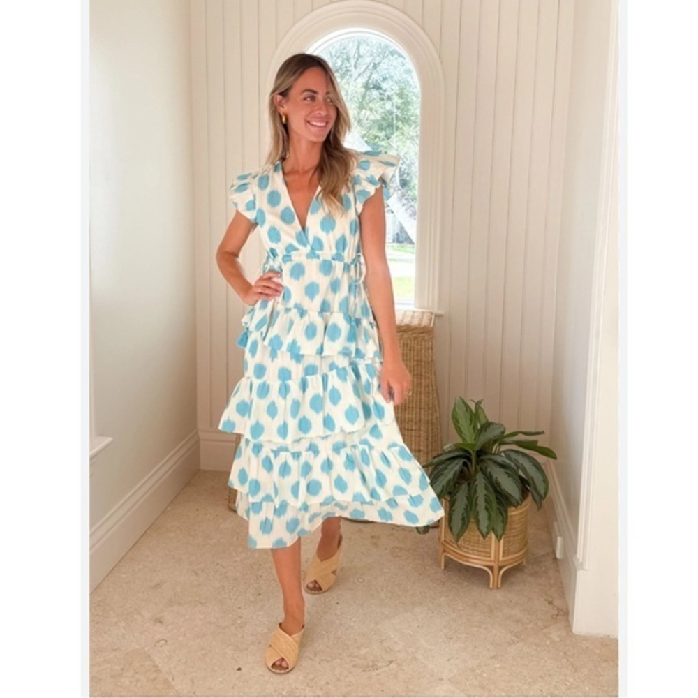 Mer St. Barth Dress Mica Tiered Midi in Aqua Blue Ikat